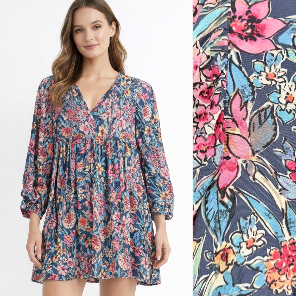 Dress Forum Mini Dress Womens S Blue Floral Babydoll Boho Cottagecore Feminine